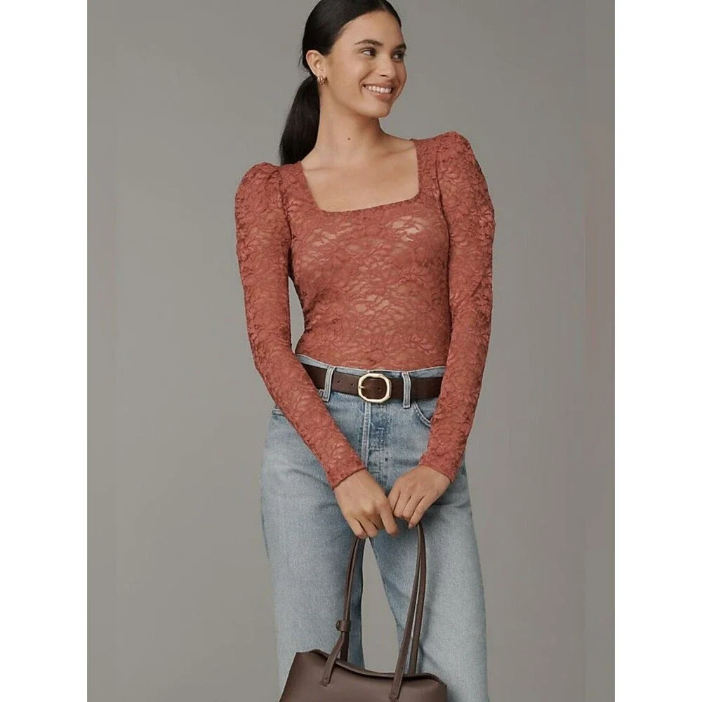 Anthropologie Puff-sleeve Sheer Lace Top